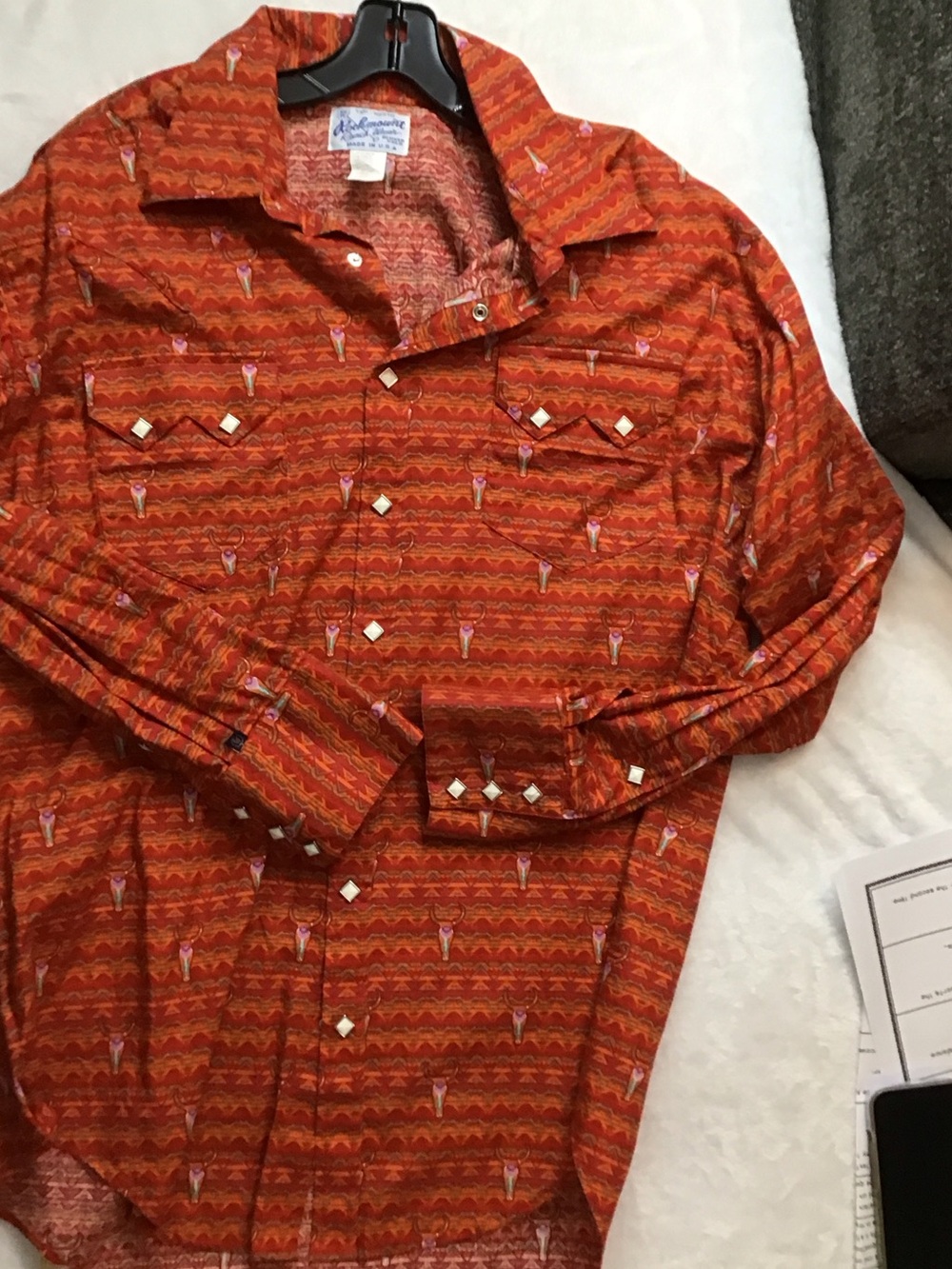 Mens skull Orange Western-Style Button Down Shirt with Diamond Snap Accents 2161